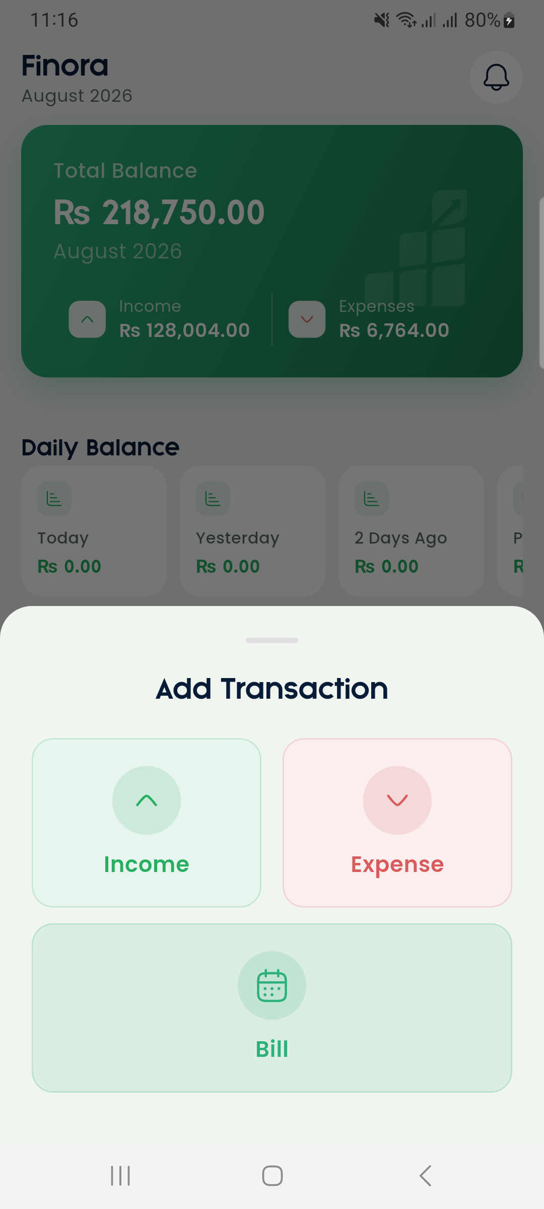 Add transaction sheet with income, expense, and bill options