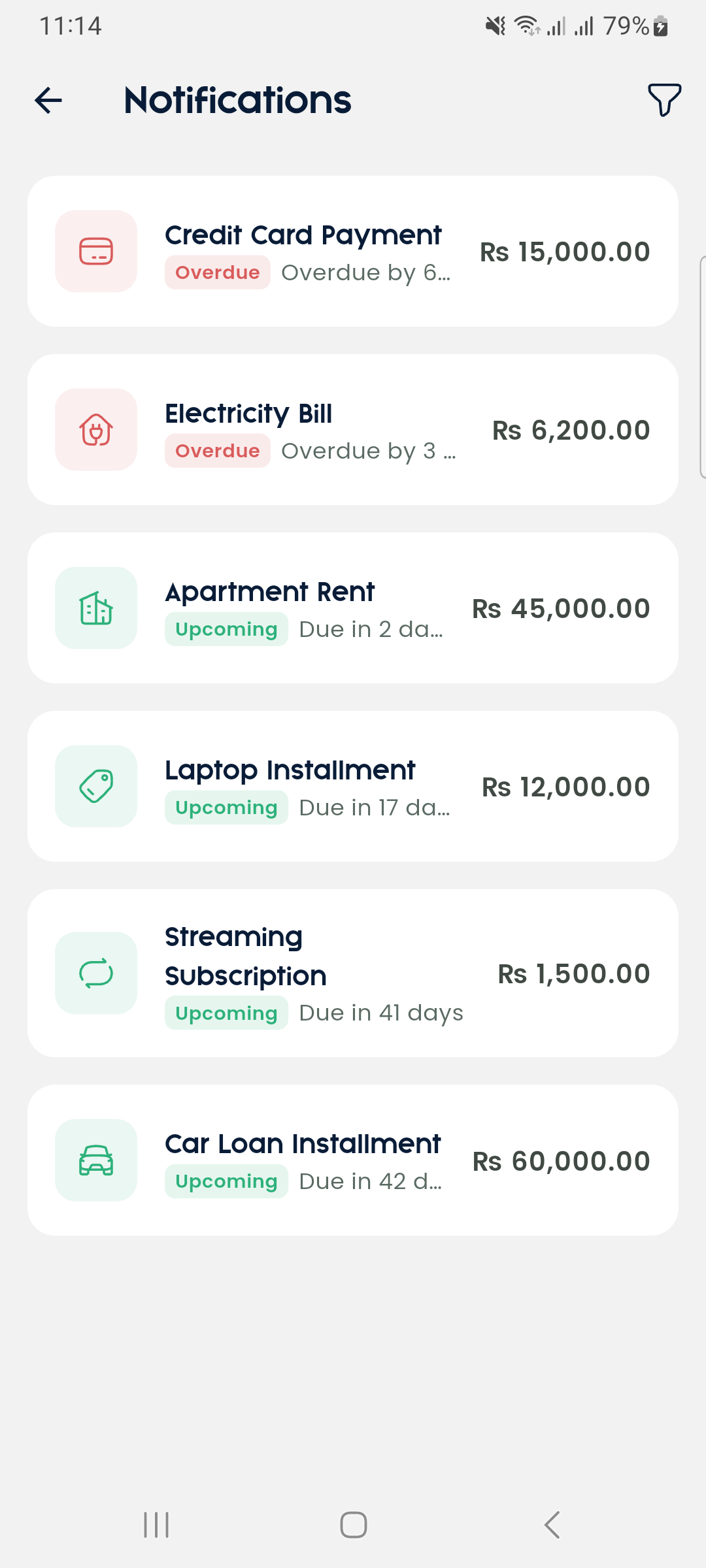 Notifications screen listing bills needing attention